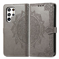 Custodia Portafoglio In Pelle Fantasia Modello Cover con Supporto S02D per Samsung Galaxy S22 Ultra 5G Grigio