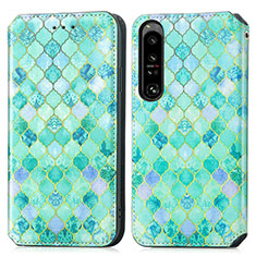 Custodia Portafoglio In Pelle Fantasia Modello Cover con Supporto S02D per Sony Xperia 1 IV SO-51C Verde