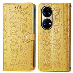 Custodia Portafoglio In Pelle Fantasia Modello Cover con Supporto S03D per Huawei P50 Giallo