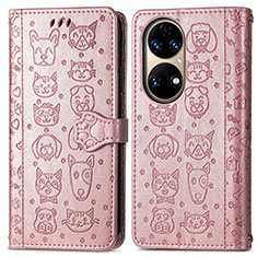 Custodia Portafoglio In Pelle Fantasia Modello Cover con Supporto S03D per Huawei P50 Oro Rosa