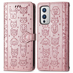 Custodia Portafoglio In Pelle Fantasia Modello Cover con Supporto S03D per OnePlus 9 5G Oro Rosa