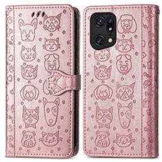 Custodia Portafoglio In Pelle Fantasia Modello Cover con Supporto S03D per Oppo Find X5 Pro 5G Oro Rosa