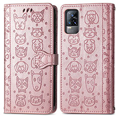 Custodia Portafoglio In Pelle Fantasia Modello Cover con Supporto S03D per Vivo V21e 4G Oro Rosa