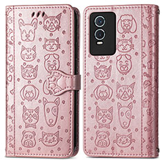 Custodia Portafoglio In Pelle Fantasia Modello Cover con Supporto S03D per Vivo Y74s 5G Oro Rosa