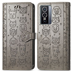 Custodia Portafoglio In Pelle Fantasia Modello Cover con Supporto S03D per Vivo Y76 5G Grigio