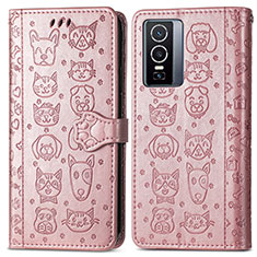 Custodia Portafoglio In Pelle Fantasia Modello Cover con Supporto S03D per Vivo Y76 5G Oro Rosa