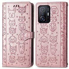 Custodia Portafoglio In Pelle Fantasia Modello Cover con Supporto S03D per Xiaomi Mi 11T Pro 5G Oro Rosa