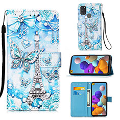 Custodia Portafoglio In Pelle Fantasia Modello Cover con Supporto Y02B per Samsung Galaxy A21s Azzurro