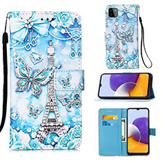 Custodia Portafoglio In Pelle Fantasia Modello Cover con Supporto Y02B per Samsung Galaxy A22 5G Azzurro