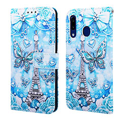 Custodia Portafoglio In Pelle Fantasia Modello Cover con Supporto Y02B per Samsung Galaxy A30 Azzurro