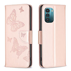 Custodia Portafoglio In Pelle Farfalla Cover con Supporto B01F per Nokia G21 Oro Rosa