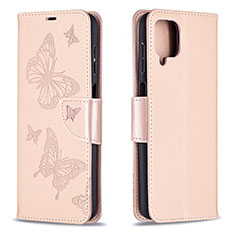 Custodia Portafoglio In Pelle Farfalla Cover con Supporto B01F per Samsung Galaxy A12 Nacho Oro Rosa