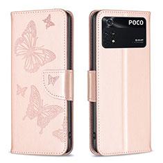 Custodia Portafoglio In Pelle Farfalla Cover con Supporto B01F per Xiaomi Poco M4 Pro 4G Oro Rosa