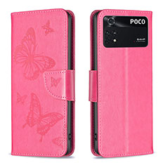 Custodia Portafoglio In Pelle Farfalla Cover con Supporto B01F per Xiaomi Poco M4 Pro 4G Rosa Caldo