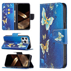 Custodia Portafoglio In Pelle Farfalla Cover con Supporto L07 per Apple iPhone 15 Pro Blu