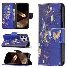 Custodia Portafoglio In Pelle Farfalla Cover con Supporto L07 per Apple iPhone 16 Pro Blu Notte