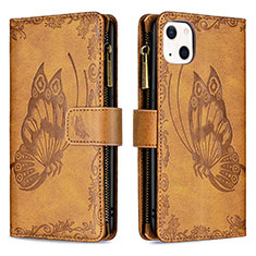 Custodia Portafoglio In Pelle Farfalla Cover con Supporto L08 per Apple iPhone 13 Mini Marrone