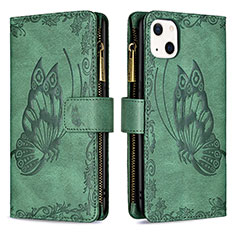 Custodia Portafoglio In Pelle Farfalla Cover con Supporto L08 per Apple iPhone 13 Mini Verde