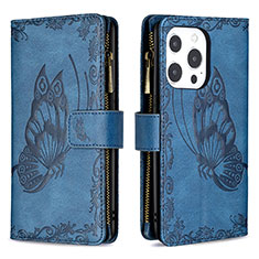 Custodia Portafoglio In Pelle Farfalla Cover con Supporto L08 per Apple iPhone 13 Pro Blu