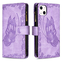 Custodia Portafoglio In Pelle Farfalla Cover con Supporto L08 per Apple iPhone 13 Viola