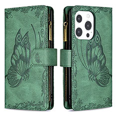 Custodia Portafoglio In Pelle Farfalla Cover con Supporto L08 per Apple iPhone 15 Pro Max Verde