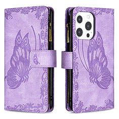 Custodia Portafoglio In Pelle Farfalla Cover con Supporto L08 per Apple iPhone 15 Pro Viola