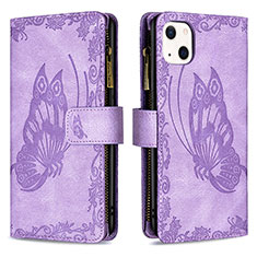 Custodia Portafoglio In Pelle Farfalla Cover con Supporto L08 per Apple iPhone 15 Viola