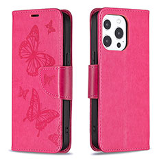 Custodia Portafoglio In Pelle Farfalla Cover con Supporto L09 per Apple iPhone 14 Pro Rosa Caldo