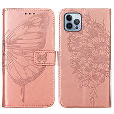 Custodia Portafoglio In Pelle Farfalla Cover con Supporto L10 per Apple iPhone 14 Pro Max Oro Rosa