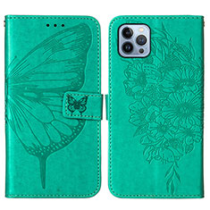 Custodia Portafoglio In Pelle Farfalla Cover con Supporto L10 per Apple iPhone 14 Pro Max Verde