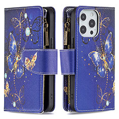 Custodia Portafoglio In Pelle Farfalla Cover con Supporto per Apple iPhone 13 Pro Max Blu Notte