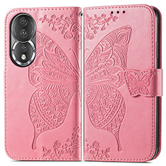 Custodia Portafoglio In Pelle Farfalla Cover con Supporto per Huawei Honor 80 5G Rosa Caldo