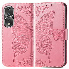 Custodia Portafoglio In Pelle Farfalla Cover con Supporto per Huawei Honor 80 Pro Flat 5G Rosa Caldo