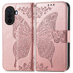 Custodia Portafoglio In Pelle Farfalla Cover con Supporto per Huawei Nova Y70 Plus Oro Rosa