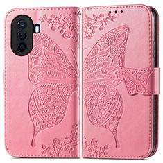 Custodia Portafoglio In Pelle Farfalla Cover con Supporto per Huawei Nova Y70 Plus Rosa Caldo