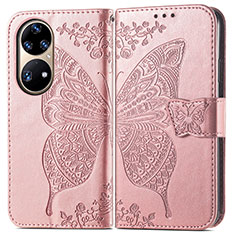 Custodia Portafoglio In Pelle Farfalla Cover con Supporto per Huawei P50 Rosa