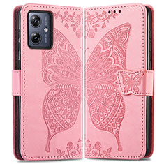 Custodia Portafoglio In Pelle Farfalla Cover con Supporto per Motorola Moto G54 5G Rosa Caldo