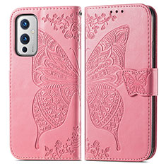 Custodia Portafoglio In Pelle Farfalla Cover con Supporto per OnePlus 9 5G Rosa Caldo