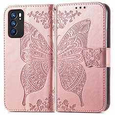 Custodia Portafoglio In Pelle Farfalla Cover con Supporto per Oppo Reno6 5G Rosa