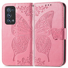 Custodia Portafoglio In Pelle Farfalla Cover con Supporto per Oppo Reno6 Pro+ Plus 5G Rosa Caldo