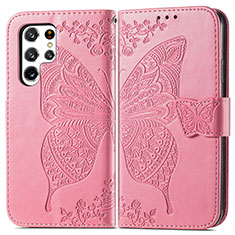 Custodia Portafoglio In Pelle Farfalla Cover con Supporto per Samsung Galaxy S22 Ultra 5G Rosa Caldo