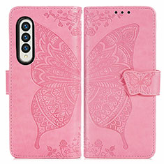 Custodia Portafoglio In Pelle Farfalla Cover con Supporto per Samsung Galaxy Z Fold3 5G Rosa Caldo