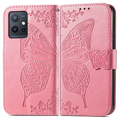 Custodia Portafoglio In Pelle Farfalla Cover con Supporto per Vivo T1 5G India Rosa Caldo