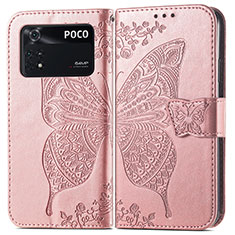 Custodia Portafoglio In Pelle Farfalla Cover con Supporto per Xiaomi Poco M4 Pro 4G Rosa