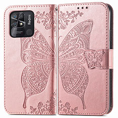 Custodia Portafoglio In Pelle Farfalla Cover con Supporto per Xiaomi Redmi 10 India Rosa