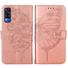 Custodia Portafoglio In Pelle Farfalla Cover con Supporto Y01B per Vivo Y51 (2021) Oro Rosa