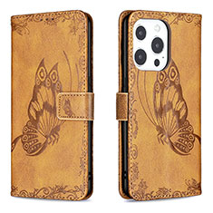 Custodia Portafoglio In Pelle Farfalla Cover con Supporto Z01 per Apple iPhone 14 Pro Marrone