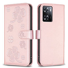 Custodia Portafoglio In Pelle Fiori Cover con Supporto BF1 per Oppo A77s Oro Rosa