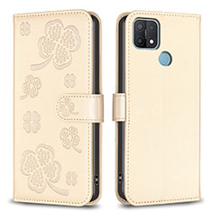 Custodia Portafoglio In Pelle Fiori Cover con Supporto BF2 per Oppo A15 Oro