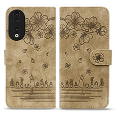 Custodia Portafoglio In Pelle Fiori Cover con Supporto HF1 per Huawei Honor 90 5G Marrone